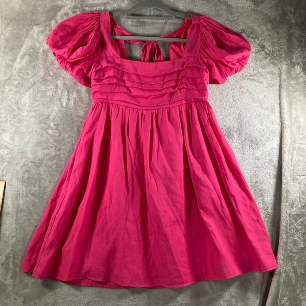 Hot Pink Puff Sleeve Mini Dress Square Neck Ruffle Tiered Tie Back Babydoll